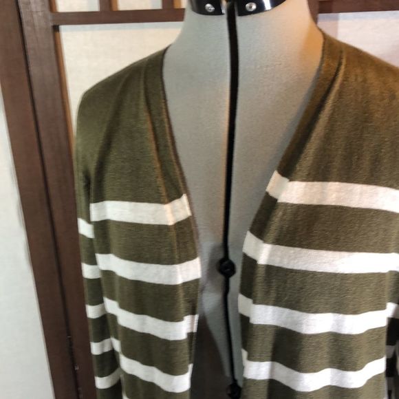 Talbots Women's Small Cardigan Olive/ White Stripe L/S Open Knit Linen NWOT - Picture 3 of 13